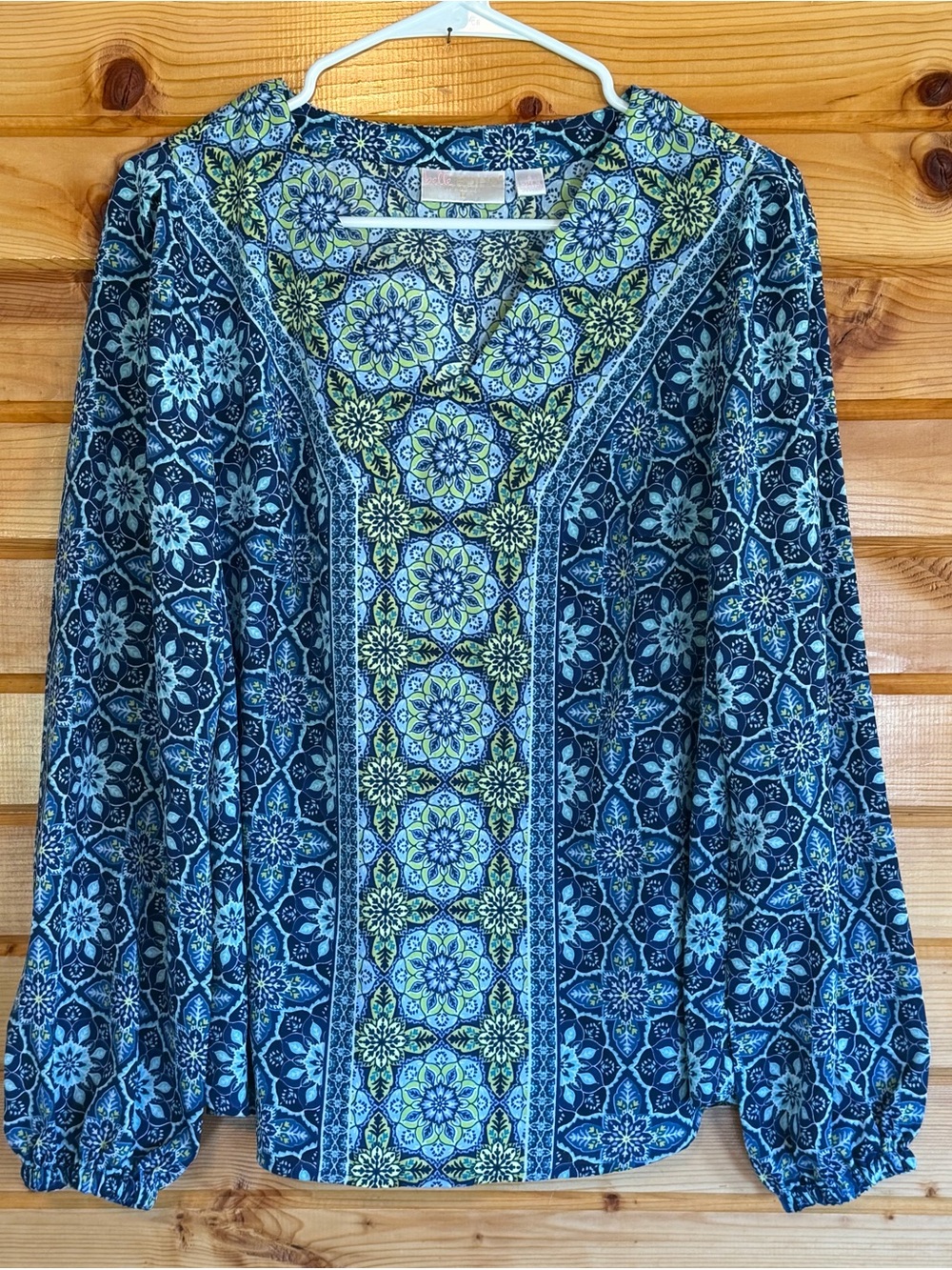 Belle Boho by Kim Gravel Blue and Green Medallion Print Top